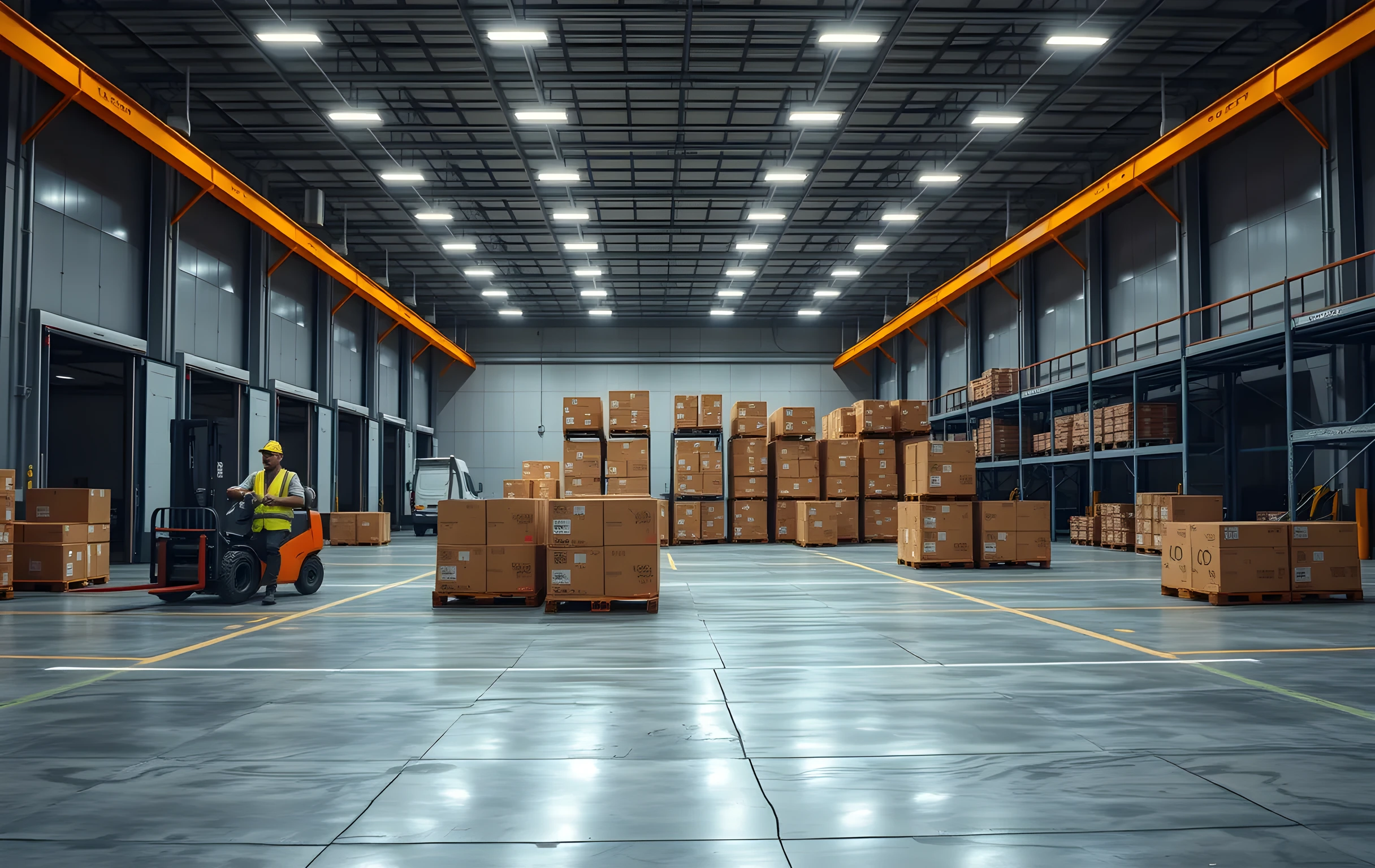 A vast cross-dock cargo facility at early morning with three semi-trailer bays active, forklifts moving pallets of uniformly sealed brown cardboard boxes between staging lanes and open truck doors, overhead LED strip lighting casting long sharp shadows on polished concrete floor, a worker in high-visibility vest visible at medium distance coordinating box flow near a wide sorting chute, the far wall lined with racked empty pallets, cool blue-grey color temperature