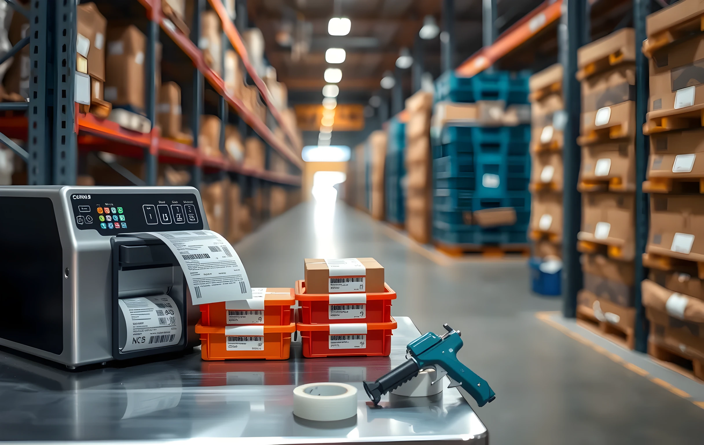 A compact stainless steel packing station seen from a low three-quarter angle, a thermal label printer mid-cycle with a fresh white label curling off the print head, six small sealed parcels of varying sizes arranged in color-coded plastic bins by tier along the bench edge, an industrial tape gun and corner protectors resting on the work surface, shallow depth of field blurring the long warehouse aisle and stacked totes receding into warm amber light behind
