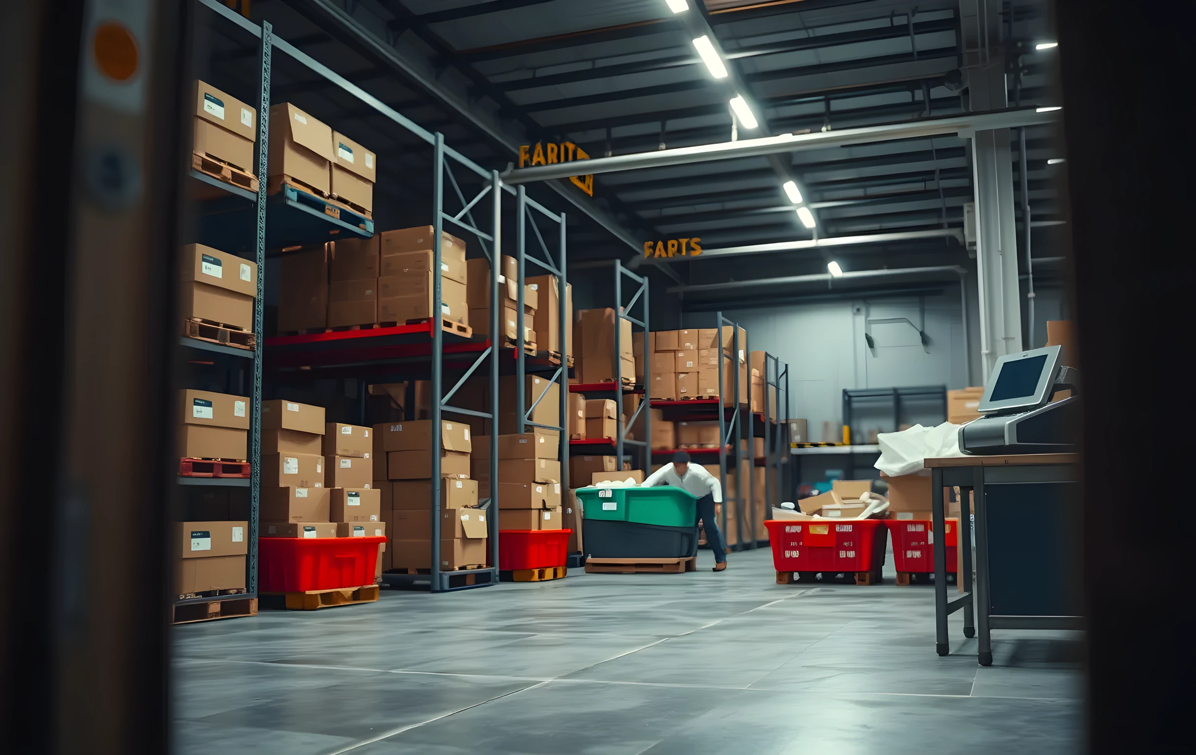 A wide-angle view of a small fulfillment warehouse interior: three tall metal pallet racks filled with uniform brown cardboard boxes in the background, a row of colorful plastic sorting bins in the mid-ground each containing different-size parcels, and a compact label printer sitting on a steel workbench to the right. Overhead fluorescent lighting casts even white light across the concrete floor. The scene is organized and active but no people are visible. Shot from one end of the room looking down the length of the racks