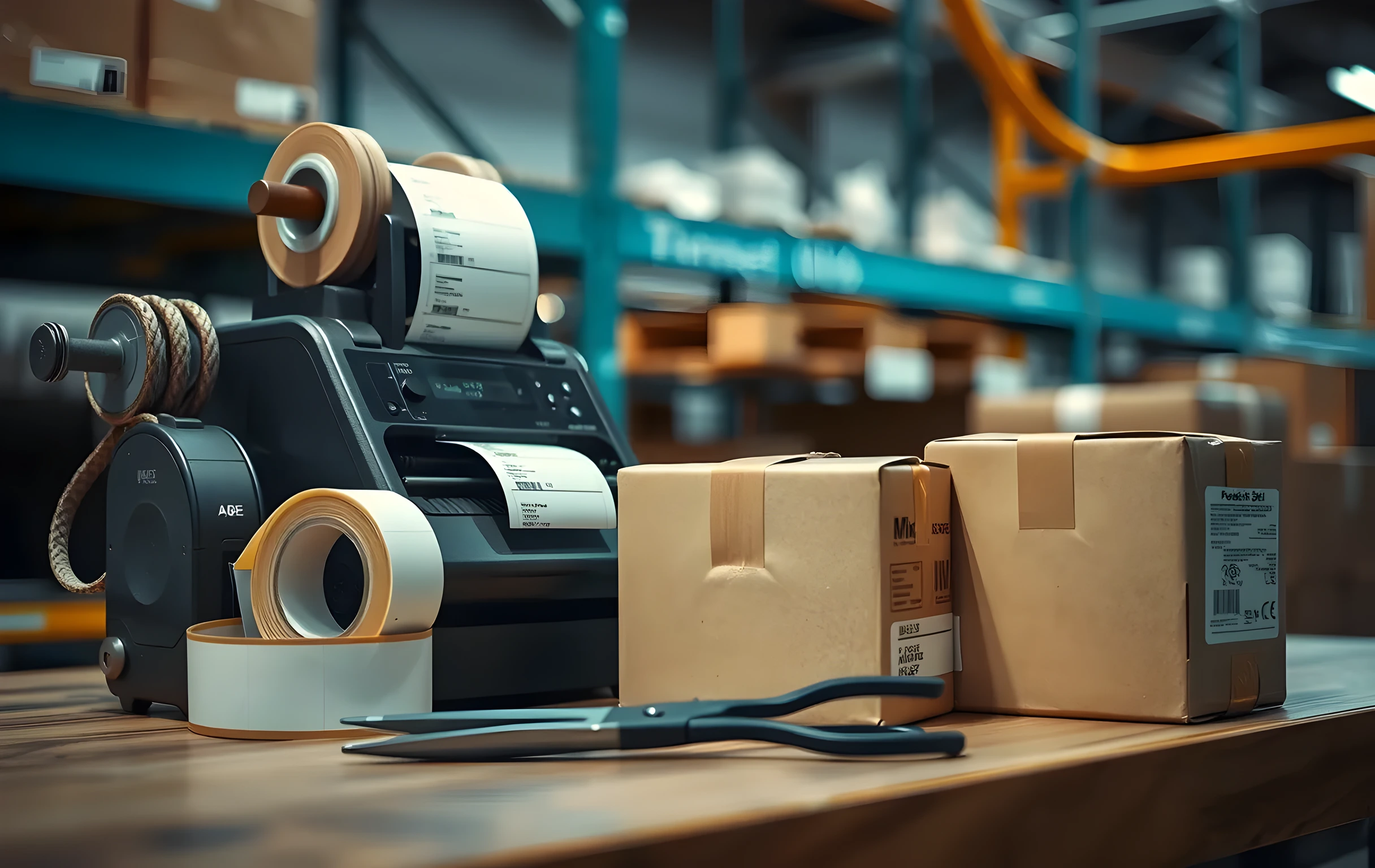A close medium shot of a workbench surface showing a small thermal label printer with a fresh roll of blank white label stock loaded in its top slot, a half-used roll of clear packing tape on a metal dispenser to the left, and two sealed brown boxes stacked slightly askew with their flaps taped shut. A pair of heavy-duty scissors rests flat on the workbench near the boxes. The background is softly blurred showing the edge of a pallet rack and a coiled cable hanging from an overhead rail. Warm task lighting from above, shallow depth of field focused on the printer and boxes